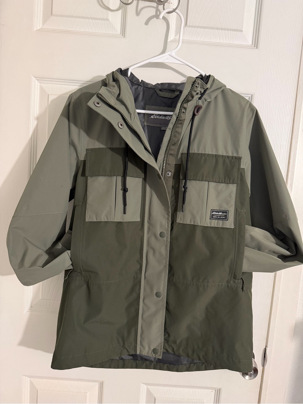 Eddie Bauer Two-Tone Olive Green Hooded Rain Jacket